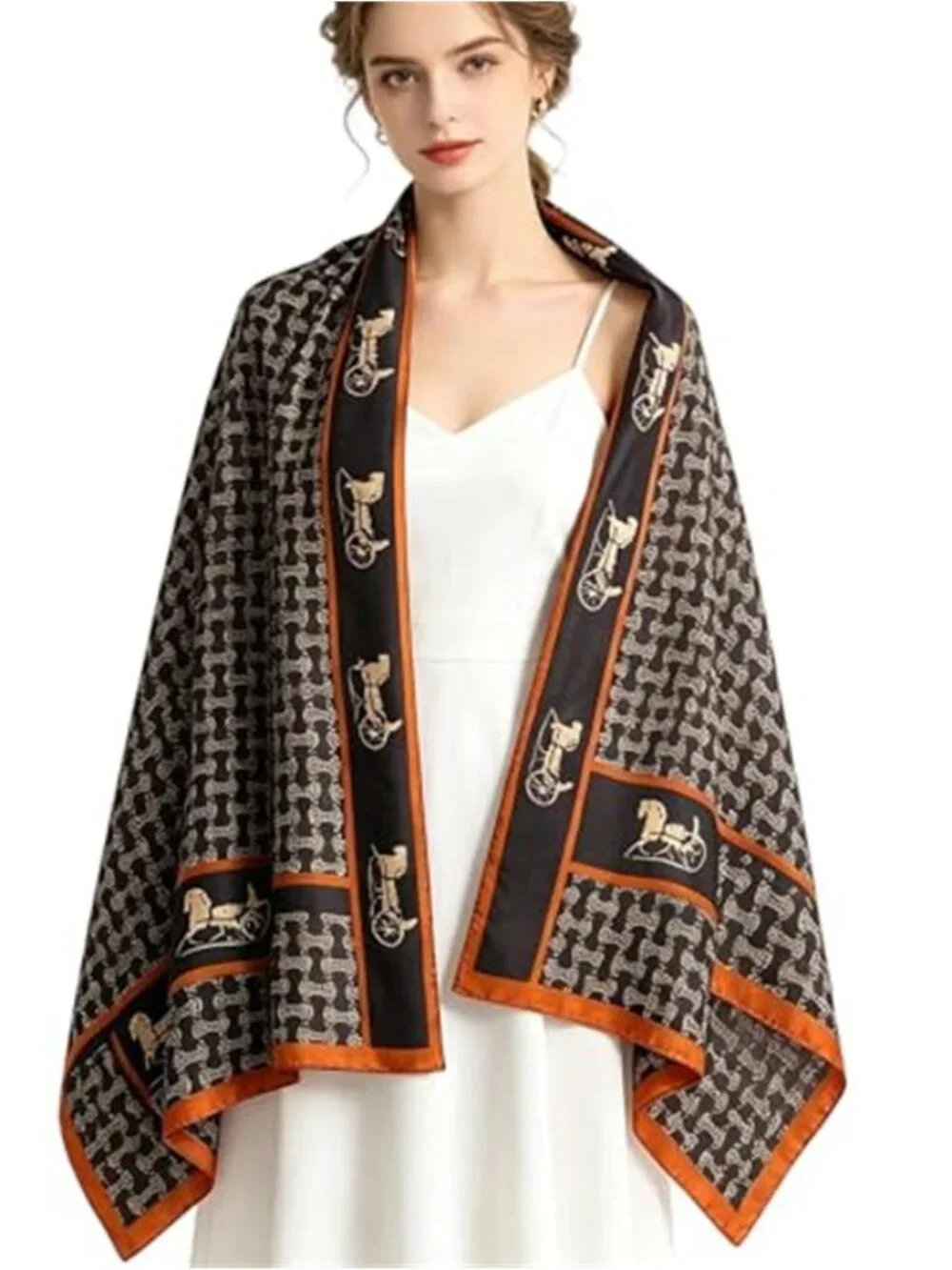 Brown Orange Horse Print Satin Scarf Long Lightweight Shawl Wrap